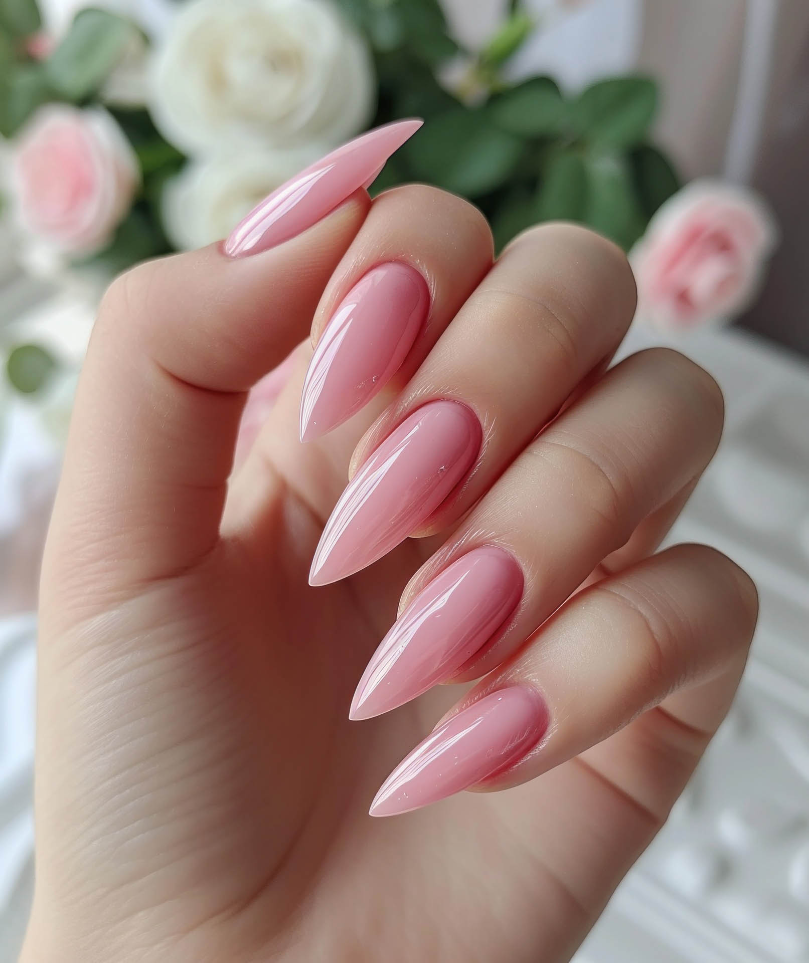 woman's hand holding pink nails.